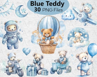 Blue Teddy Bear Clipart: Baby Shower PNG Bundle (Digital Download)