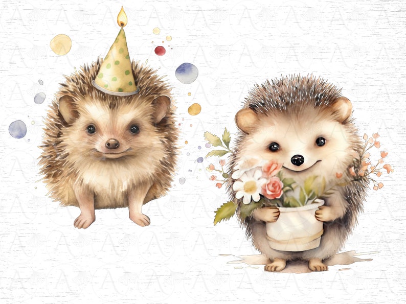 May include: Two watercolor illustrations of hedgehogs. One hedgehog is wearing a green and yellow party hat and the other is holding a pot of flowers.