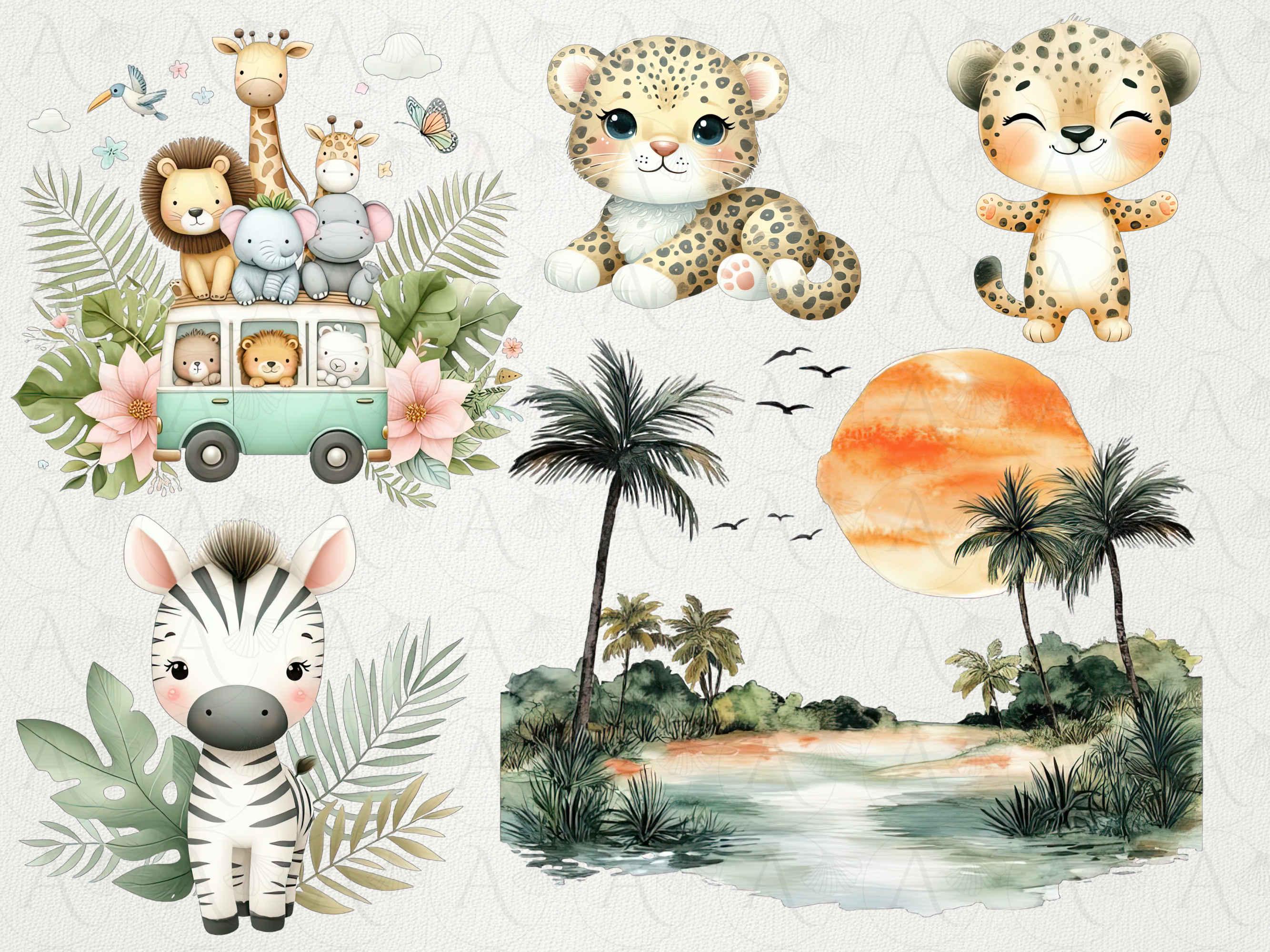 Watercolor Safari Animals Clipart: Jungle Baby Shower PNG (digital ...
