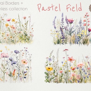 Clipart floral aquarelle - clipart floral fleurs sauvages - bordure florale ensemble - fleurs des prés png fleurs printemps été - clipart numérique PNG
