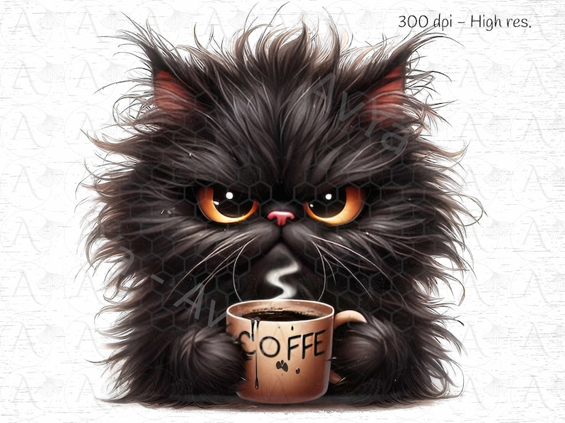 Grumpy Coffe Cat Clipart, Adorable Black Coffee lover Cat Clipart: Instant Download PNG for Crafts , Cat Lovers Delight image 2