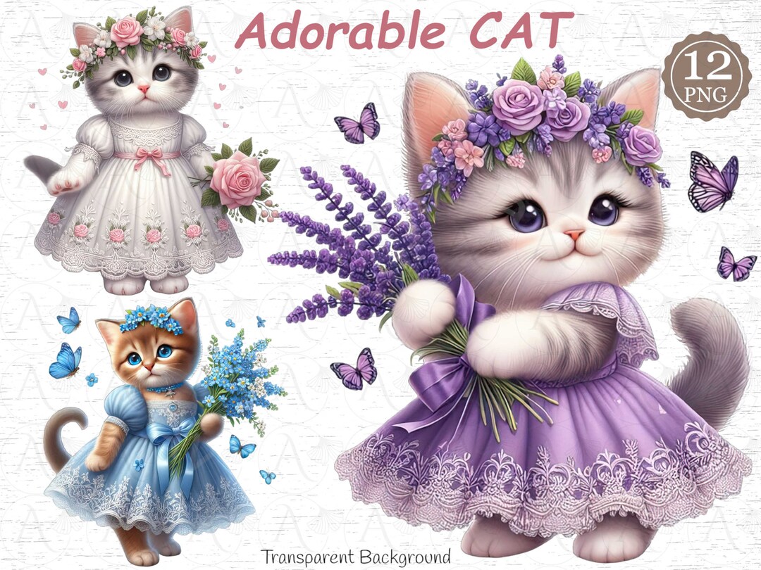 Floral Cat Clipart Collection 12 Pngs, Cute Kitten , Royal Cat for ...