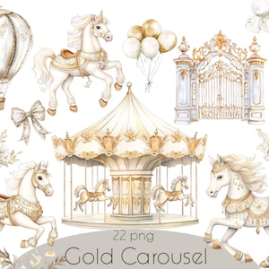 Carousel Clipart ,Pony Clipart - Gold and White Carousel , Carousel Nursery Art, Baby Shower, Carnival Clipart,  Birthday Clipart,