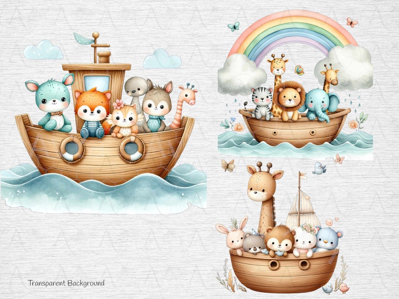 K&ouml;nnte beinhalten: Drei Aquarell-Illustrationen von Tieren auf einem Boot. Die erste Illustration zeigt ein blaues Reh, einen roten Fuchs, eine braune Katze, ein braunes Kaninchen und eine Giraffe auf einem braunen Holzboot mit einem blauen und wei&szlig;en Rettungsring. Die zweite Illustration zeigt eine Girafe, einen L&ouml;wen, ein Zebra und einen Elefanten auf einem braunen Holzboot mit einem Regenbogen dar&uuml;ber. Die dritte Illustration zeigt ein Kaninchen, einen B&auml;ren, eine Katze und einen blauen Hund auf einem braunen Holzboot mit einem kleinen wei&szlig;en Segel.