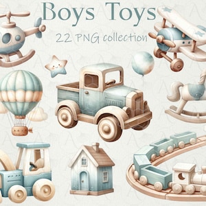 Baby Boy Spielzeug Clipart, niedliche Holzspielzeug ClipArt, Baby Kinderzimmer Dekor, Baby-Dusche-Set, T-shirt Sublimation, Heißluftballon