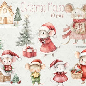Christmas Mouse clipart  , Christmas mice, Santa Hat Mouse, Mouse lover, Hand brush painted  Xmas calendar, invitation, Mouse lover