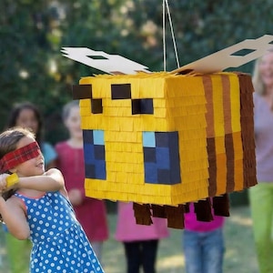Pixelbi-piñata med pinne | Blockstil-festdekoration | Barnfödelsedagspinata | Spelfest | Handgjord | Stor piñata
