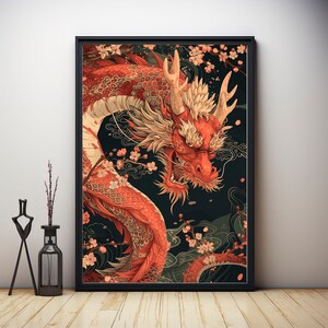 Impression dragon chinois, impression dragon japonais, décoration asiatique, art mural dragon, impression dragon, art inspiré d'Ukiyo-e, déco affiche portrait