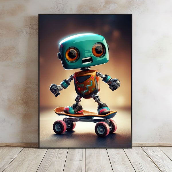 Cute Whimsical Robot Poster Print, Skateboarding Robot Poster, Colorful Wall Decor, Joyful Wall Art, Unique Gift Idea, Cheerful Home Decor