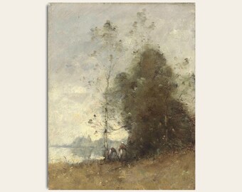 May include: A painting of a landscape with a river, trees, and figures in the foreground. The sky is a light blue with white clouds. The trees are a dark green and the figures are a light brown. The river is a light blue and the ground is a light brown.