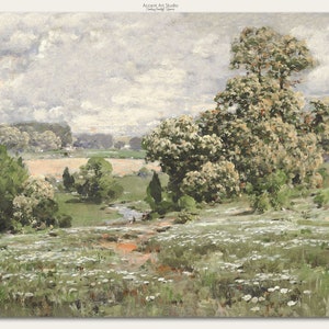 May include: A painting of a landscape with a field of white flowers in the foreground, a stream running through the middle ground, and a group of trees in the background. The sky is cloudy and the colors are muted.