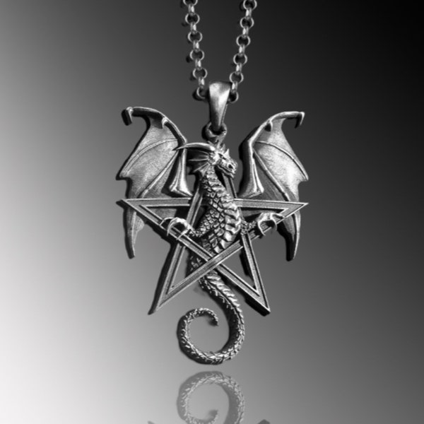 Mens 925 Sterling Silver Dragon and Star Necklace, Dragon Pendant With Chain, Oxidized Silver Dragon Pendant, Medieval Dragon Silver Pendant