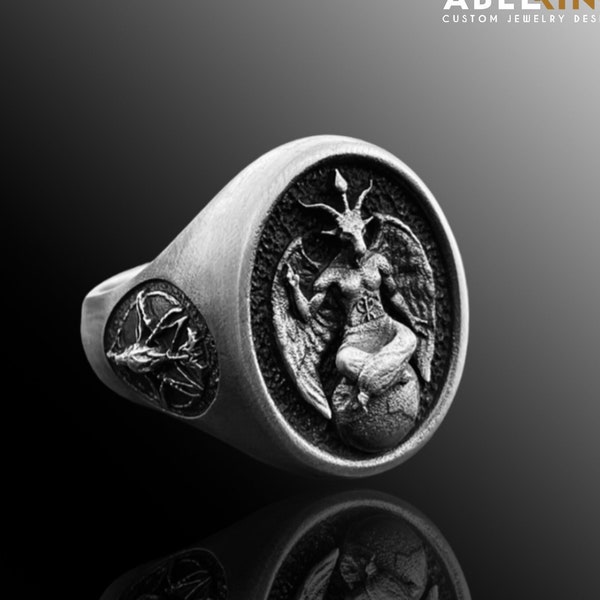 Baphomet Goat Headed Devil Winged Man Silver Ring, Baphomet Goat Head Satanic Pagan Silver Ring, Goat Headed Devil Winged Man Silver Ring