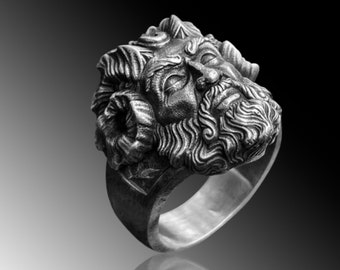 Pan God Mythology Silver Ring, Ancient Greek God Silver Jewelry, Greek Mythology Ring, Faun Gothic Silver Ring For Men