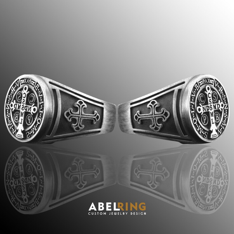 Saint Benedict Antique Silver Ring for Men, Unique Rings Saint Benedict