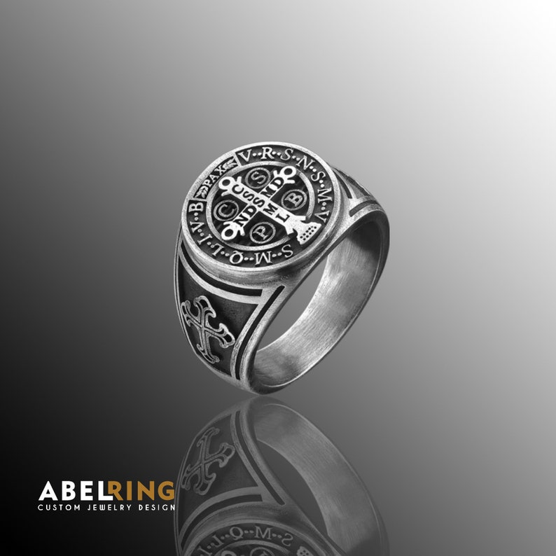Saint Benedict Antique Silver Ring for Men, Unique Rings Saint Benedict