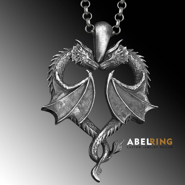 Twin Dragons Heart Shaped Sterling Silver Pendant, Love of Dragons Men Women Gothic Jewelry, Mythical Twin Dragons Heart Pendant