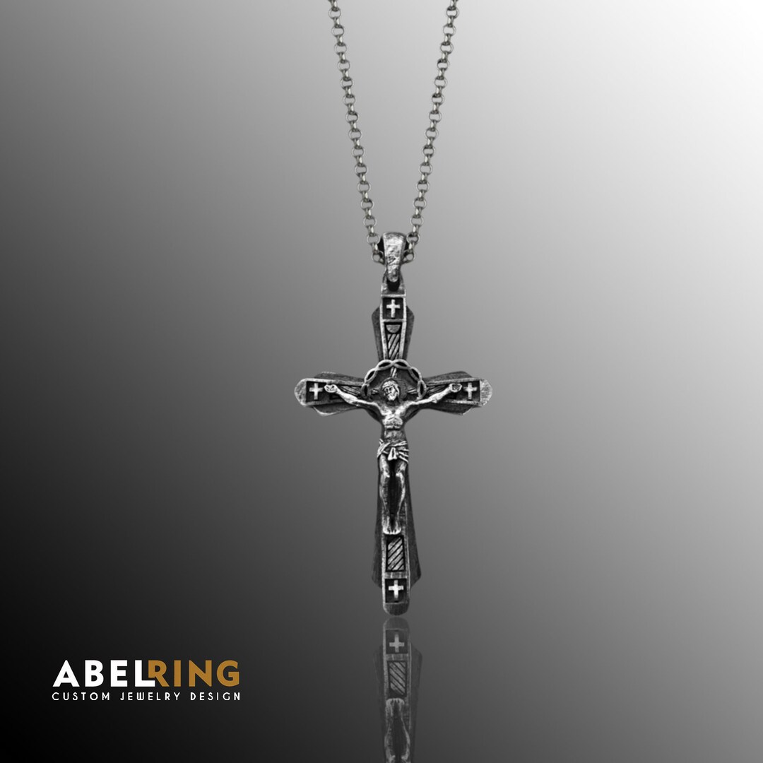 Crucifixion of Jesus Catholic Necklace for Men, Silver Cross Necklace for Christian, Faith