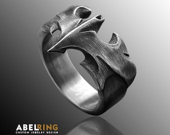 Silver Vampire Bat Ring for Men • Gothic Bat Ring, Black Knight Bat Silver Ring, Nocturnal Statement Ring, Silver Flying Bat Ring