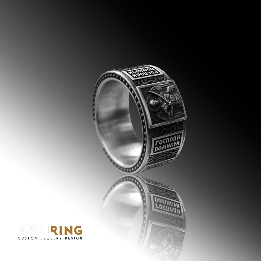 Archangel Saint Michael Ring in Sterling Silver,oxidized Sterling