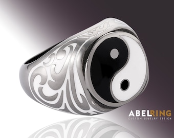 Yin Yang Sterling Silver Ring. Black&White Enamel Tai Chi Ring and 3D Processing Detailed Ring, Chinese Mythology Ring.