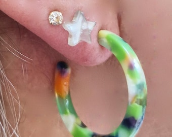 Green Mix Resin Hoop Earrings: Lightweight Summer Jewelry, Bright and Fun 2.5cm slim hoops, Summer and Spring Jewellery, Hypoallergenic