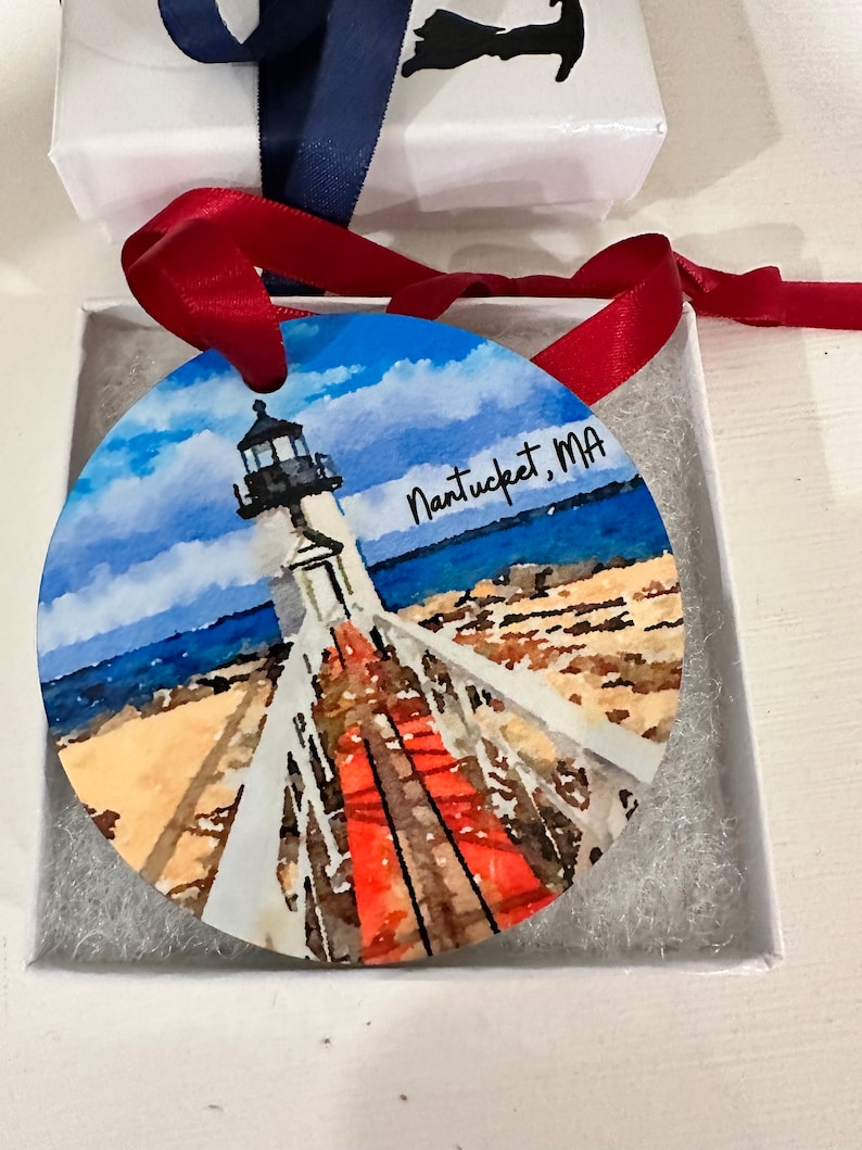 Nantucket Brant Point Lighthouse Watercolor Ornament