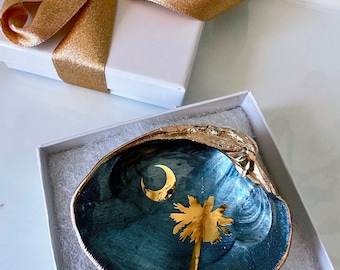 South Carolina shell trinket dish beach decor coastal shell Palmetto tree SC Ring dish keepsake something blue Charleston sc wedding bridal