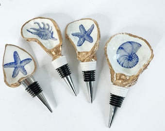 Coastal oyster wine stopper shell  something blue mom gift nautical kitchen cork sister gift beach decor hostess keepsake beach house shower