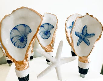 Coastal oyster wine stopper shell  something blue mom gift nautical kitchen cork sister gift beach decor hostess keepsake beach house shower
