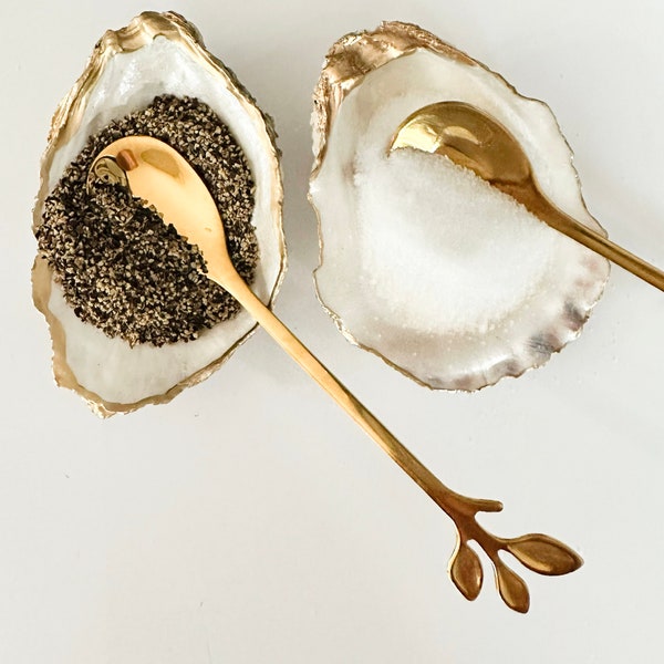 Oyster Shell Salt and Pepper pinch bowl gilded edge shower hostess gift trinket dish kitchen cook gold accent for the cook dad gift unique