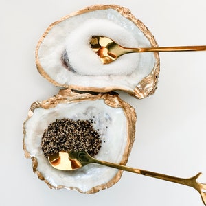 Oyster Shell Salt and Pepper pinch bowl gilded edge shower hostess gift handmade cooks kitchen decor natural coastal beach wedding thank you