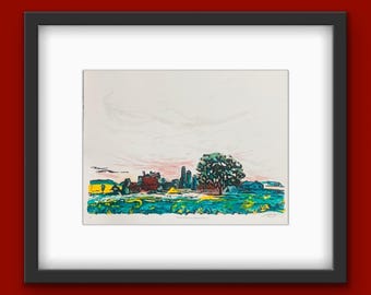 Farm Scenes in Lancaster 1 - Watercolor Embellished Linoblock Print