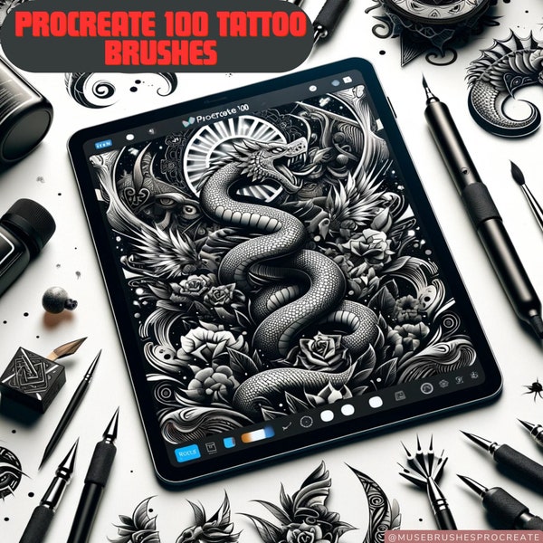 100 Procreate Tattoo Brushes, Ink Brushes For Procreate, Illustration Brushes, Traditional Ink Brush, Ink Splashes, Vintage Ink Procreate
