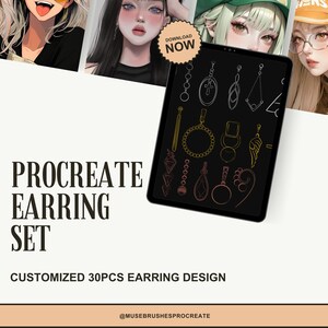 Può includere: Un'illustrazione digitale di 30 diversi design di orecchini su sfondo nero. I design sono in oro e rosa e includono forme geometriche, cerchi e altri design astratti. Il testo "PROCREATE EARRING SET" è nella parte inferiore dell'immagine.
