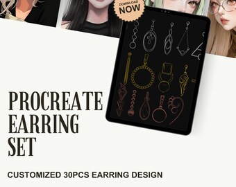 May include: A digital illustration of 30 different earring designs on a black background. The designs are in gold and pink and include geometric shapes, circles, and other abstract designs. The text "PROCREATE EARRING SET" is at the bottom of the image.