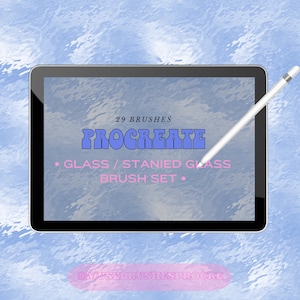 May include: A digital tablet screen displaying a graphic for a Procreate brush set. The graphic features the text "29 Brushes Procreate Glass / Stained Glass Brush Set" in pink and blue text. The tablet is on a blue and white background with a white stylus next to it. The text "@musebrushesprocre" is at the bottom of the screen.