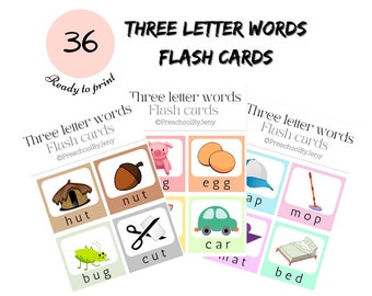 Flashcards met drie letters en woorden – educatieve kaarten voor kleuters (directe download)