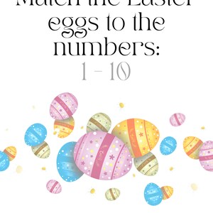 Op de afbeelding: Een afdrukbaar werkblad met de tekst "Match the Easter eggs to the numbers: 1-10". Het werkblad heeft een kleurrijke rand van tien paaseieren in verschillende kleuren en patronen.