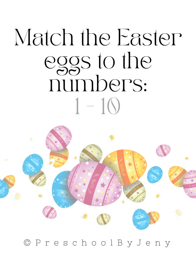 Op de afbeelding: Een afdrukbaar werkblad met de tekst "Match the Easter eggs to the numbers: 1-10". Het werkblad heeft een kleurrijke rand van tien paaseieren in verschillende kleuren en patronen.