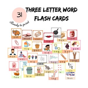 31 Palabras de tres letras - Tarjetas flash Tarjetas preescolares, Tarjetas educativas imprimibles, Descarga instantánea