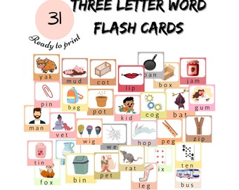 Flash-kaarten met drie letters en woorden – afdrukbare voorschoolse educatie (direct downloaden)