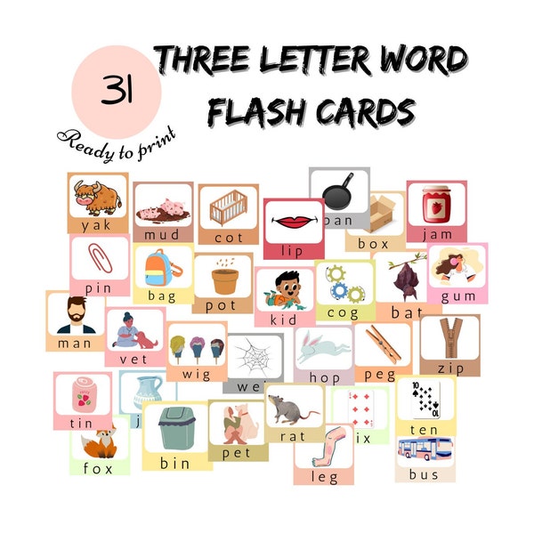 31 Three letter words - Flash cards Pre-School Cards, Educational Printable Cards, Instant Download