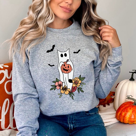 Cat Halloween Sweater, Ghost Cat Sweatshirt Sweatshirt, Cat Ghost Shirt, Ghost Halloween Sweat, Fall Tshirt Retro, Vintage Halloween Sweater