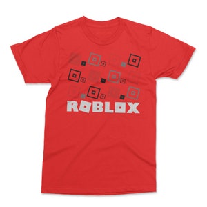 May include: Red t-shirt with a white "ROBLOX" logo and a pattern of gray and red squares.