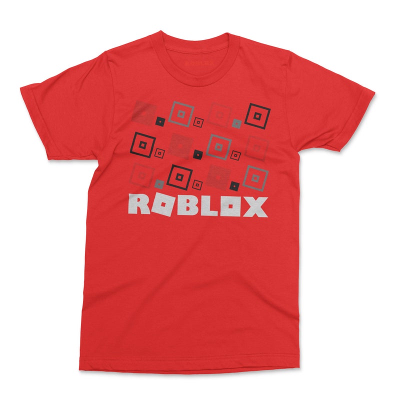 May include: Red t-shirt with a white "ROBLOX" logo and a pattern of gray and red squares.