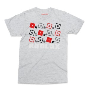 A roblox logo with colourful square blocks graphic design printed to the front of an ash grey shirt sleeve crewneck tshirt