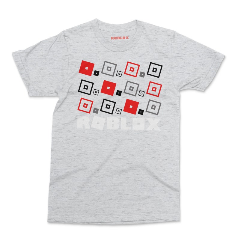 A roblox logo with colourful square blocks graphic design printed to the front of an ash grey shirt sleeve crewneck tshirt