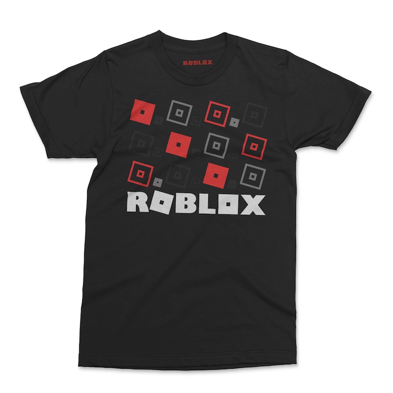 A black tshirt with a roblox graphic design featuring angled squared blocks in 4 colours with the word roblox in white underneath, printed to the front