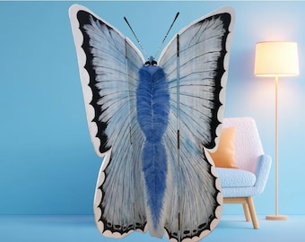 Biombo plegable de madera maciza de pino con mariposas azules pintadas a mano
